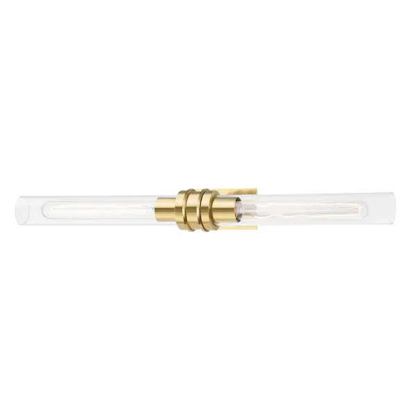 The Oakfield bath bracket combines minimalist design with practical versatility. Clear glass cylinders showcase vintage-style bulbs while the aged brass finish adds warmth. Mount horizontally or vertically to suit your space.