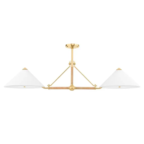 The Williamsburg collection brings fresh coastal charm to traditional design with its distinctive rattan-wrapped rods and aged brass finish. The four enclosed white linen shades provide soft, diffused lighting perfect for dining and kitchen spaces.