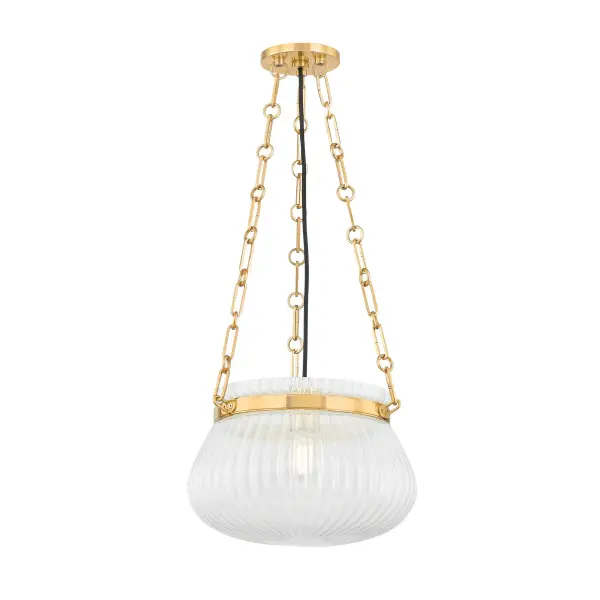 The Granby pendant combines vintage charm with modern functionality through its generously sized ribbed glass bowl and warm aged brass hardware. Its upturned bowl design provides excellent ambient lighting while the Foschia glass creates visual interest.