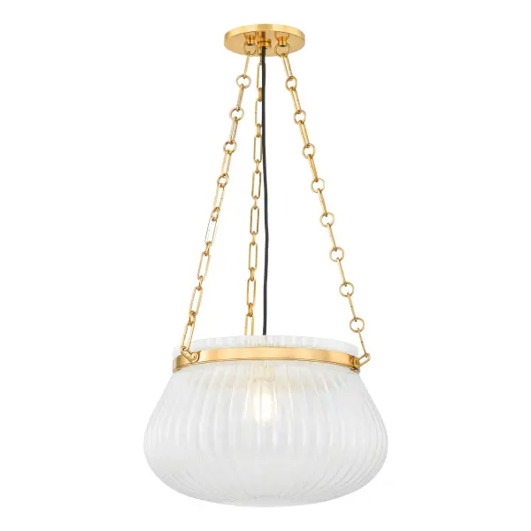 The Granby pendant combines vintage charm with modern functionality through its generously sized ribbed glass bowl and warm aged brass hardware. Its upturned design provides excellent ambient lighting while the Foschia glass creates visual interest.