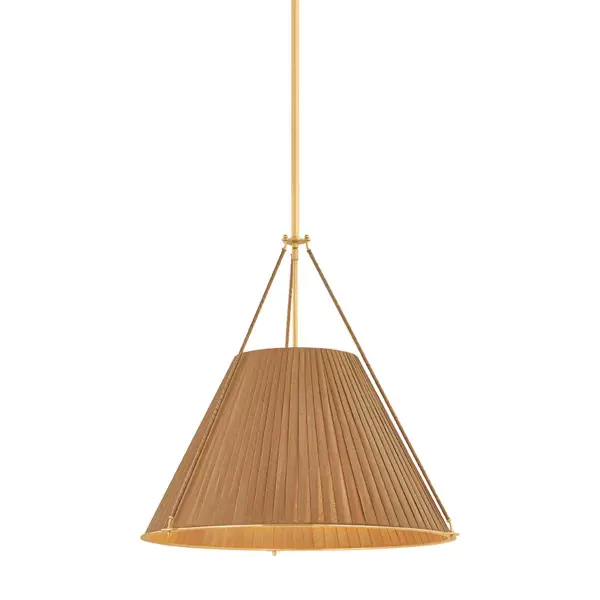 The cleverly constructed Sunside pendant explores the many possibilities of pleating. A tighter gather at the top of the sheer silk shade creates deeper shadow, gradually brightening as the pleats open toward the base. An Aged Brass frame wrapped in brown leather adds warmth and a natural, tactile finish to this pendant, which comes with 3, 4, or 5 lights. Collection: Sunside Designer: Hudson Valley Lighting Finish: Aged Brass Glass: Silk Width: 26.00" Height: 24.75" Weight: 11.68 lb Rod: 1-3" / 1-6" / 1-12" / 2-18" Canopy: 6.00"x0.50" Number of Bulbs: 4 Maximum Wattage: 10.00 W Bulb Type: B11 Bulb Base: E12 Candelabra Voltage: 120.00 V Material: Textile Country of Origin: VN Safety Listing: UL/cUL Safety Rating: Damp Manufacturer Warranty: 1 Year Limited Manufacturer Spec Sheet Instructions