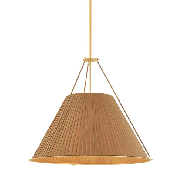 The cleverly constructed Sunside pendant explores the many possibilities of pleating. A tighter gather at the top of the sheer silk shade creates deeper shadow, gradually brightening as the pleats open toward the base. An Aged Brass frame wrapped in brown leather adds warmth and a natural, tactile finish to this pendant, which comes with 3, 4, or 5 lights. Collection: Sunside Designer: Hudson Valley Lighting Finish: Aged Brass Glass: Silk Width: 34.00" Height: 28.75" Weight: 19.84 lb Rod: 1-3" / 1-6" / 1-12" / 2-18" Canopy: 6.00"x0.50" Number of Bulbs: 5 Maximum Wattage: 10.00 W Bulb Type: B11 Bulb Base: E12 Candelabra Voltage: 120.00 V Material: Textile Country of Origin: VN Safety Listing: UL/cUL Safety Rating: Damp Manufacturer Warranty: 1 Year Limited Manufacturer Spec Sheet Instructions