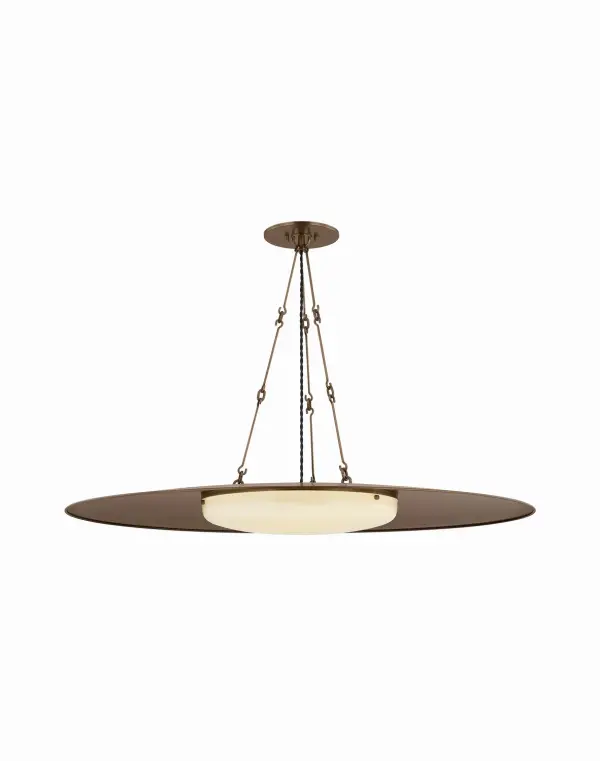 Reminiscent of a cymbal, the Anoka pendant plays with proportionality in its exceptionally shallow profile. A wide, flat opal glossy glass shade fits securely within the reflector, creating a downlight that is amplified by the Heritage Bronze-finished metal. Thoughtful details, including a twisted cord, linked rod suspension, decorative spheres, and subtle edge perforations, enhance the design while preserving its clean-lined character. Anoka is available in a small and large format. Collection: Anoka Designer: Hudson Valley Lighting Finish: Historic Bronze Glass: Opal Glossy Width: 40.25" Height: 4.25" Weight: 29.48 lb Canopy: 7.00"x0.25" Number of Bulbs: 1 Maximum Wattage: 26.00 W Bulb Base: Integrated Light Source: LED Light Output: 600.00 lm Color Temperature: 2700 K CRI: 90 Voltage: 120.00 V Material: Steel Country of Origin: VN Safety Listing: UL, cETL Safety Rating: Damp LED Manufacturer Warranty: 1 Year Limited Manufacturer Spec Sheet Instructions
