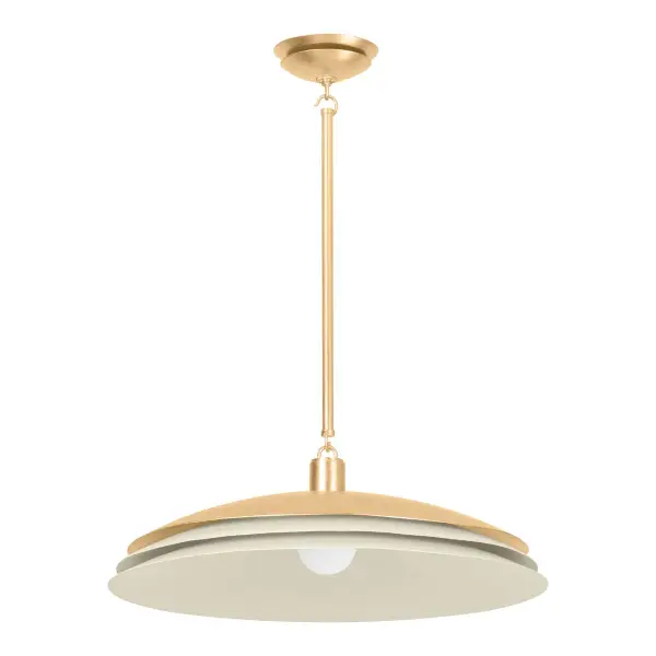 This refined pendant combines vintage gold leaf metalwork with a soft sand fabric shade, creating warm, diffused lighting. The transitional design bridges traditional and contemporary aesthetics, making it versatile for various interiors.