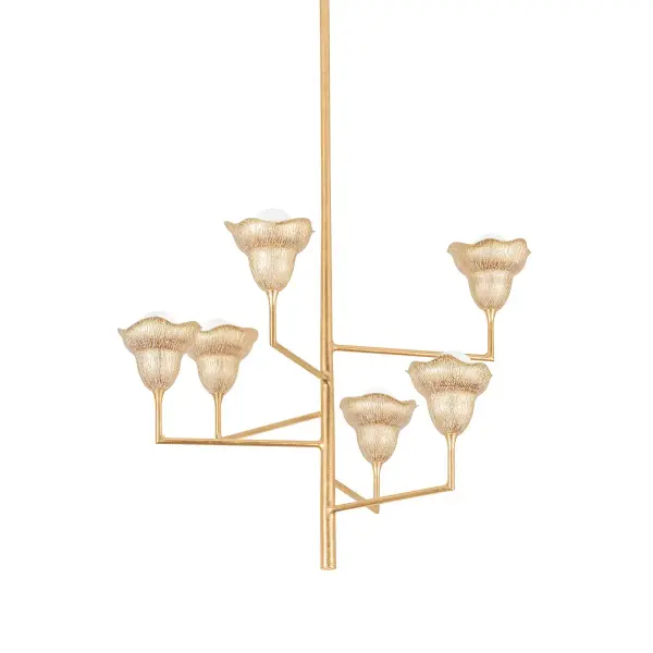This sophisticated chandelier combines vintage gold leaf metalwork with gilded ivory accents, creating a refined statement piece. The six-light configuration provides ample illumination while maintaining an elegant profile suitable for traditional and transitional interiors.