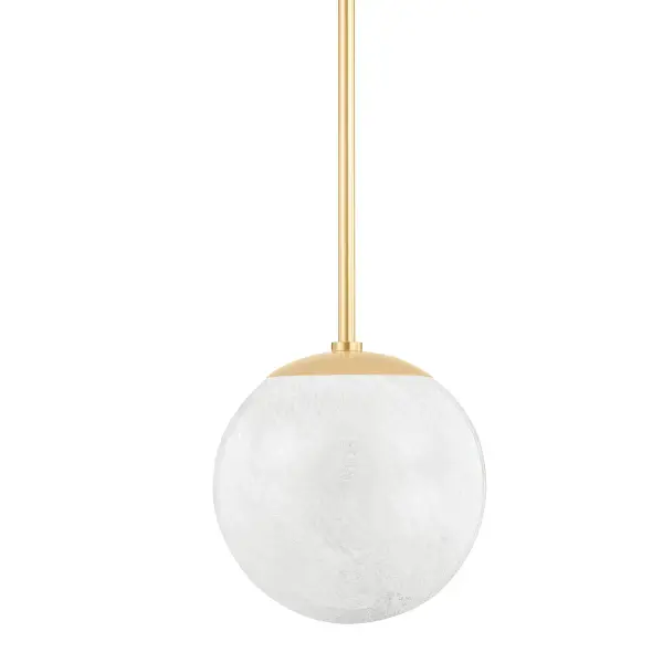 Burlington delivers timeless appeal through its cloud-etched glass sphere and refined aged brass details. The dome canopy and substantial stem elevate this simple globe design into something special. Versatile sizing and damp rating make it suitable for various residential spaces.