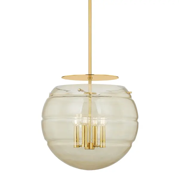 The Gill pendant masterfully bridges traditional and modern aesthetics with its candle cluster core and bubble-like champagne swirl glass sphere. The Aged Brass framework adds warmth and sophistication to any space.