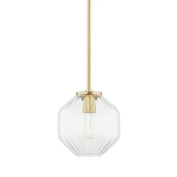 Bennett showcases exceptional glass craftsmanship with its octagonal ribbed shade and exposed carbon filament bulb. The aged brass finish adds warmth while the clear glass maximizes light output. Ideal for intimate spaces needing focused task lighting with decorative appeal.