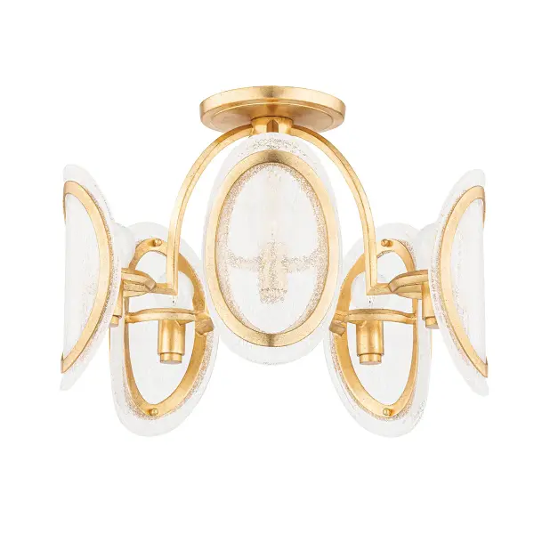 The Danes semi-flush mount combines traditional elegance with transitional versatility. Its vintage gold leaf finish and clear seeded glass shades create warm, sophisticated lighting for medium-sized spaces with standard ceiling heights.