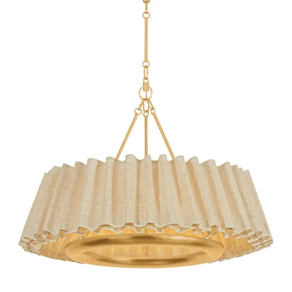 Brimming with flair, the Beechford chandelier elevates a classic ring silhouette with a loosely gathered natural raffia shade and modern LED lamping. Resembling a textural ruffle, the oversized pleated shade directs light downward through the Vintage Gold Leaf frame. Available in two sizes, Beechford's transitional appeal provides flexibility for modern dining areas, entryways, and living rooms. Due to the one-of-a-kind nature of the medium, exact colors and patterns may vary slightly from the image shown. Collection: Beechford Designer: Hudson Valley Lighting Finish: Vintage Gold Leaf Glass: Raffia Ruffle Width: 30.00" Height: 21.25" Weight: 13.20 lb Canopy: 5.50"x0.75" Number of Bulbs: 6 Maximum Wattage: 62.00 W Bulb Base: Integrated Light Source: LED Light Output: 1650.00 lm Color Temperature: 2700 K CRI: 90 Voltage: 120.00 V Material: Natural Woven Country of Origin: PH Safety Listing: UL, cETL Safety Rating: Damp LED Manufacturer Warranty: 1 Year Limited Manufacturer Spec Sheet Instructions