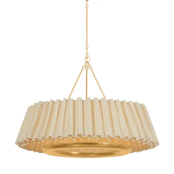 Brimming with flair, the Beechford chandelier elevates a classic ring silhouette with a loosely gathered natural raffia shade and modern LED lamping. Resembling a textural ruffle, the oversized pleated shade directs light downward through the Vintage Gold Leaf frame. Available in two sizes, Beechford's transitional appeal provides flexibility for modern dining areas, entryways, and living rooms. Due to the one-of-a-kind nature of the medium, exact colors and patterns may vary slightly from the image shown. Collection: Beechford Designer: Hudson Valley Lighting Finish: Vintage Gold Leaf Glass: Raffia Ruffle Width: 39.50" Height: 30.00" Weight: 18.70 lb Canopy: 7.50"x1.00" Number of Bulbs: 6 Maximum Wattage: 64.00 W Bulb Base: Integrated Light Source: LED Light Output: 1700.00 lm Color Temperature: 2700 K CRI: 90 Voltage: 120.00 V Material: Natural Woven Country of Origin: PH Safety Listing: UL, cETL Safety Rating: Damp LED Manufacturer Warranty: 1 Year Limited Manufacturer Spec Sheet Instructions
