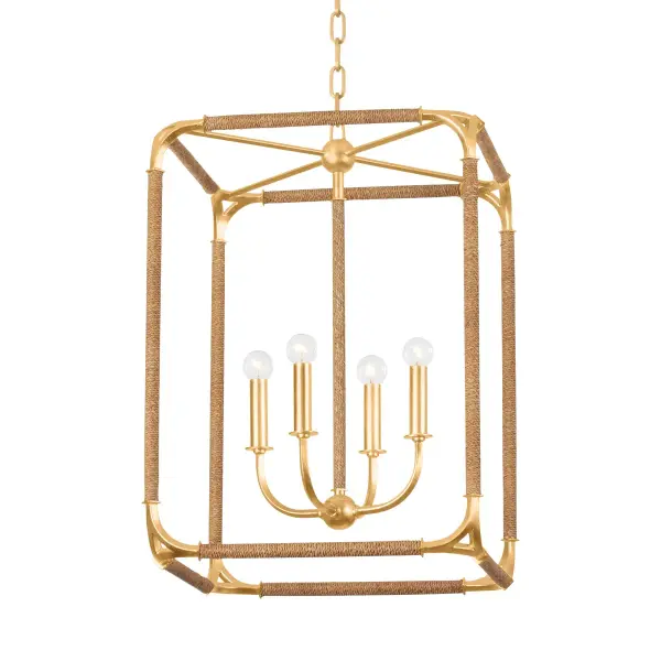 The Laurenceston lantern brings sophisticated coastal style with its Abaca rope-wrapped frame and luxurious Gold Leaf finish. The open design creates beautiful light and shadow patterns while the natural texture adds warmth.