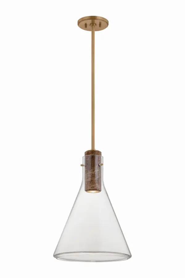 West Hill is an essential kitchen pendant that celebrates the beauty of natural materials. A decorative cream Emperador marble cylinder is encased within a clear glass cone, defining the pendant's silhouette while guiding light downward. Finished with a Patina Brass stem, West Hill creates an understated focal point suitable for kitchens, dining spaces, and countertop installations. Due to the one-of-a-kind nature of the medium, exact colors and patterns may vary slightly from the image shown. Collection: West Hill Designer: Hudson Valley Lighting Finish: Patina Brass Glass: Clear Width: 13.75" Height: 19.75" Weight: 11.22 lb Rod: 1-3" / 1-6" / 1-12" / 2-18" Canopy: 6.00"x0.75" Number of Bulbs: 1 Maximum Wattage: 10.00 W Bulb Type: MR16 Bulb Base: GU10 Voltage: 120.00 V Material: Glass Country of Origin: VN Safety Listing: UL, cETL Safety Rating: Damp Manufacturer Warranty: 1 Year Limited Manufacturer Spec Sheet Instructions
