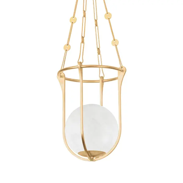 The Verbank pendant combines vintage elegance with Art Deco sophistication. Its delicate gold leaf cage and swirling cloud glass orb create a mesmerizing focal point, enhanced by intricate chain details and circular ornaments.