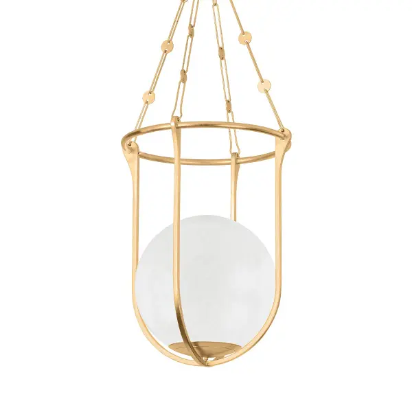 The Verbank pendant combines vintage elegance with contemporary appeal through its swirling cloud glass orb encased in a delicate gold leaf cage. Art Deco curves and ornamental chain details create a jewelry-like aesthetic that serves as a stunning focal point.