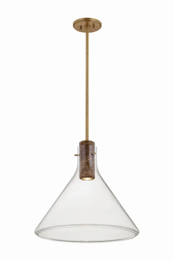West Hill is an essential kitchen pendant that celebrates the beauty of natural materials. A decorative cream Emperador marble cylinder is encased within a clear glass cone, defining the pendant's silhouette while guiding light downward. Finished with a Patina Brass stem, West Hill creates an understated focal point suitable for kitchens, dining spaces, and countertop installations. Due to the one-of-a-kind nature of the medium, exact colors and patterns may vary slightly from the image shown. Collection: West Hill Designer: Hudson Valley Lighting Finish: Patina Brass Glass: Clear Width: 19.50" Height: 18.75" Weight: 17.71 lb Rod: 1-3" / 1-6" / 1-12" / 2-18" Canopy: 6.00"x0.75" Number of Bulbs: 1 Maximum Wattage: 10.00 W Bulb Type: MR16 Bulb Base: GU10 Voltage: 120.00 V Material: Glass Country of Origin: VN Safety Listing: UL, cETL Safety Rating: Damp Manufacturer Warranty: 1 Year Limited Manufacturer Spec Sheet Instructions