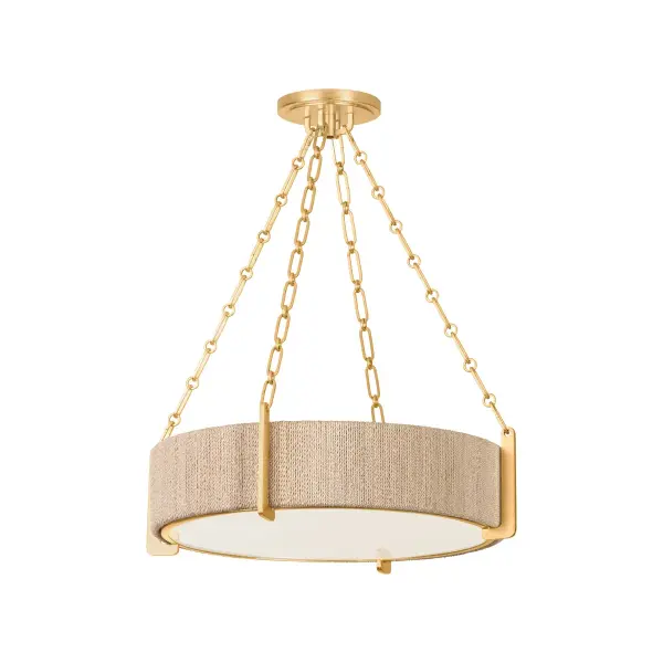 The Quebec chandelier transforms bleached Abaca rope into jewelry-like chains that appear delicate from afar but reveal rustic texture up close. The white-painted glass drum softly diffuses light while the Gold Leaf framework adds warmth.