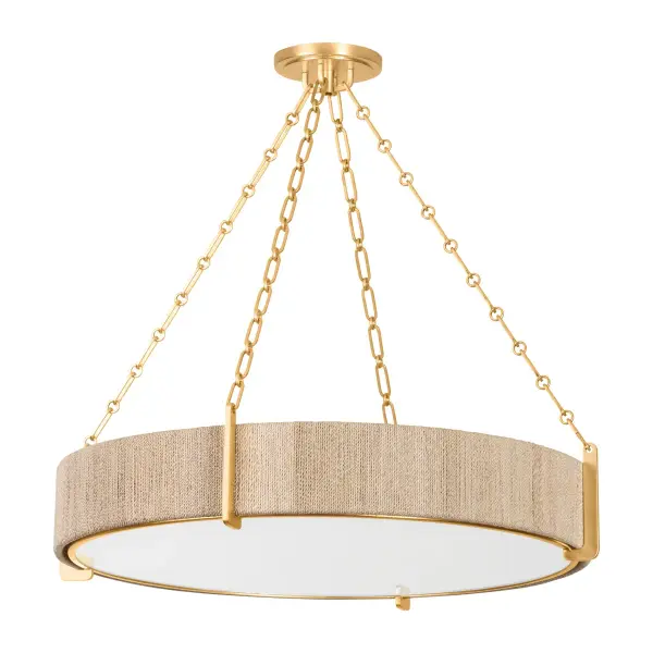 The Quebec chandelier transforms bleached Abaca rope into jewelry-like chains that appear delicate from afar but reveal rustic texture up close. The Gold Leaf framework and frosted glass drum create soft, diffused lighting perfect for casual coastal interiors.