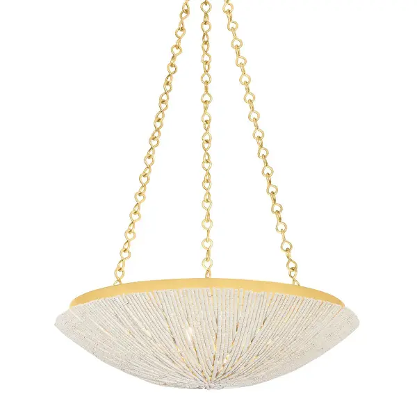 The Summerside pendant combines organic texture with refined metalwork. Its hand-beaded Coco Shell bowl creates visual interest while the Vintage Gold Leaf interior adds warmth and light reflection. Perfect for spaces seeking coastal elegance with traditional sophistication.