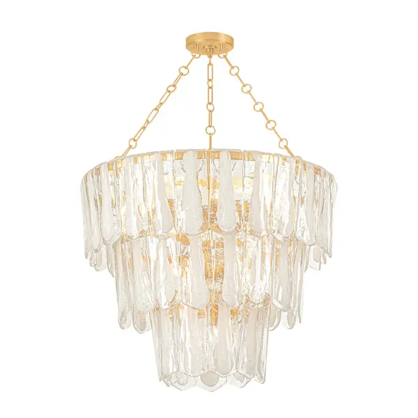 A contemporary reinterpretation of grand-scale vintage glass chandeliers, the Tappan family creates a gleaming focal point overhead. Soft Blonchino piastra glass elements are gently curved and suspended in layered tiers, creating a cascading composition that descends from a Vintage Gold Leaf ring. Vertical white striations enhance the design while softening the diffusion of light as it shines through the panels. Available with 5-, 13-, and 21- lights, Tappan's organic modernism refreshes any space. Collection: Tappan Designer: Hudson Valley Lighting Finish: Vintage Gold Leaf Glass: Piastre Width: 34.00" Height: 27.80" Weight: 71.50 lb Chain: 54" Canopy: 6.25"x1.25" Number of Bulbs: 13 Maximum Wattage: 10.00 W Bulb Type: B11 Bulb Base: E12 Candelabra Voltage: 120.00 V Material: Glass Country of Origin: PH Safety Listing: UL/cUL Safety Rating: Damp Manufacturer Warranty: 1 Year Limited Manufacturer Spec Sheet Instructions