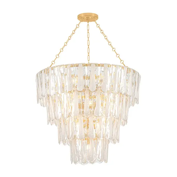 A contemporary reinterpretation of grand-scale vintage glass chandeliers, the Tappan family creates a gleaming focal point overhead. Soft Blonchino piastra glass elements are gently curved and suspended in layered tiers, creating a cascading composition that descends from a Vintage Gold Leaf ring. Vertical white striations enhance the design while softening the diffusion of light as it shines through the panels. Available with 5-, 13-, and 21- lights, Tappan's organic modernism refreshes any space. Collection: Tappan Designer: Hudson Valley Lighting Finish: Vintage Gold Leaf Glass: Piastre Width: 42.00" Height: 35.00" Weight: 116.60 lb Chain: 54" Canopy: 8.25"x1.25" Number of Bulbs: 21 Maximum Wattage: 10.00 W Bulb Type: B11 Bulb Base: E12 Candelabra Voltage: 120.00 V Material: Glass Country of Origin: PH Safety Listing: UL/cUL Safety Rating: Damp Manufacturer Warranty: 1 Year Limited Manufacturer Spec Sheet Instructions