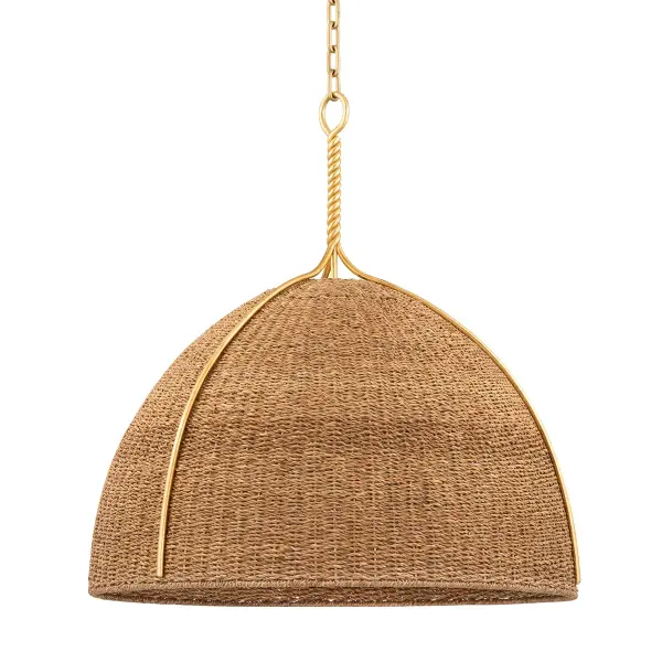 Woodlawn brings relaxed coastal elegance with its handwoven lampakanay shade and vintage gold finish. The sculptural twisted stem detail and organic texture create an artisanal focal point perfect for casual yet refined interiors.