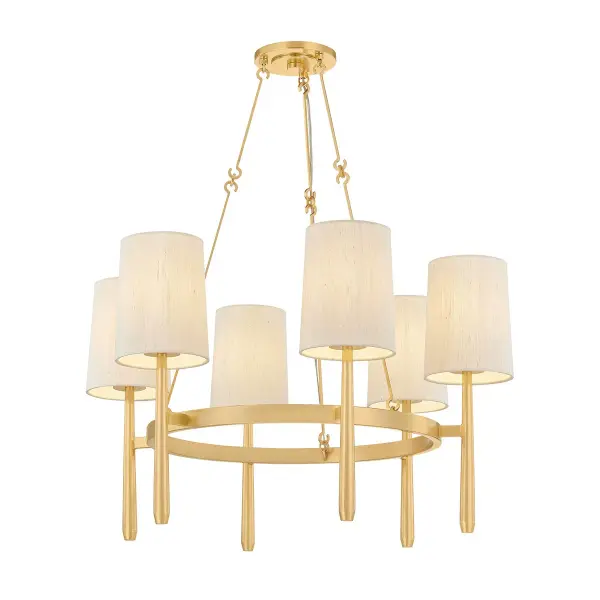 The Bridgeton chandelier masterfully blends modern and classic design with its unique ring silhouette and natural silk shades. The aged brass finish and delicate hook-and-loop suspension showcase fine craftsmanship while adding warmth and texture to any space.
