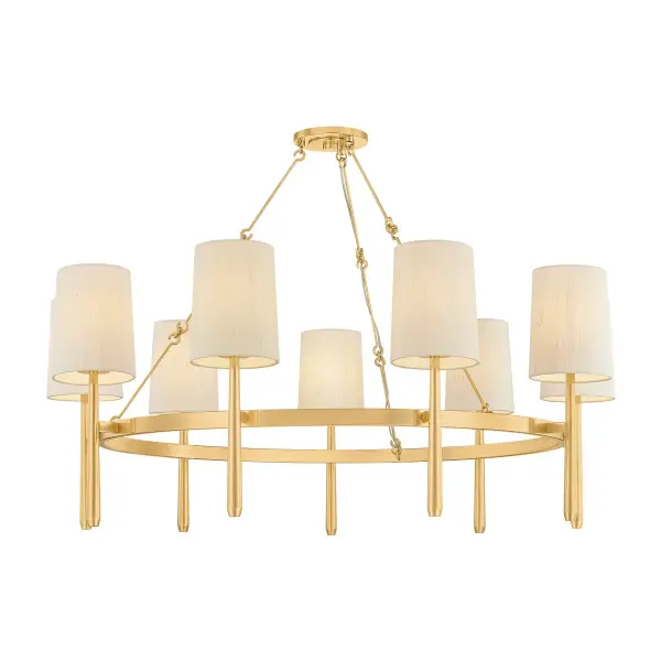 The Bridgeton chandelier combines refined craftsmanship with soft materiality. Its unique ring silhouette and natural silk shades add texture and warmth, while the aged brass finish brings timeless elegance to both modern and classic spaces.