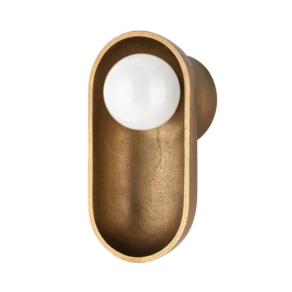 Nathan brings a refined nautical aesthetic to any space with its distinctive pill-shaped brass cavity and etched glass globe. The integrated LED provides efficient, warm illumination while the compact 11-inch profile works beautifully in tight spaces.