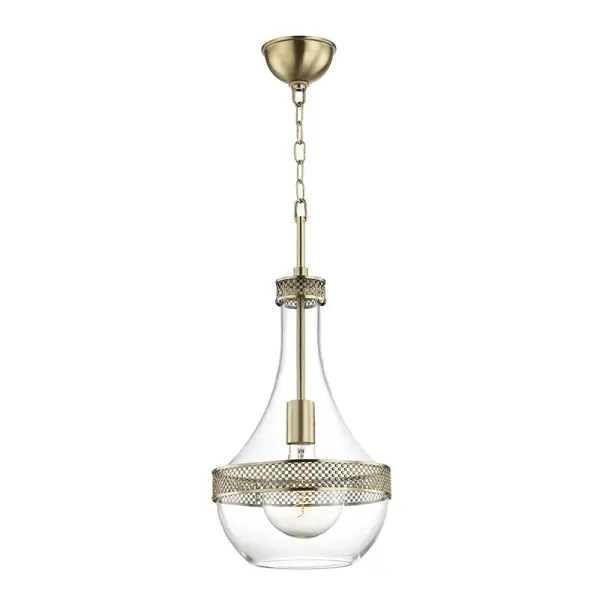 The Hagen pendant combines aged brass warmth with clean glass shading for versatile placement. Its compact 10.5" diameter works well over kitchen islands, in tight foyers, or as multiples in a row. The adjustable chain allows customization.