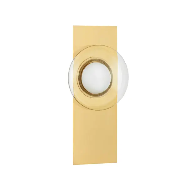 The Pound Ridge wall sconce combines organic form with modern sophistication. Its mushroom-cap inspired clear glass shade surrounds an alabaster diffuser, creating a soft, luminous glow. The aged brass finish and sleek rectangular backplate provide refined contrast.