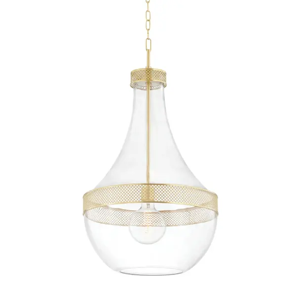 The Hagen pendant combines a classic spherical glass shade with warm aged brass hardware for a sophisticated look that works in both traditional and contemporary spaces. Its generous 17.5-inch diameter provides substantial presence.