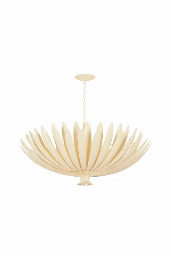The Whitfield chandelier transforms a dining or living space with its distinctive leaf-like metal shade that filters light through layered botanical forms. The soft Cream Plaster finish offers a refined alternative to stark white, creating warmth while maintaining contemporary elegance.
