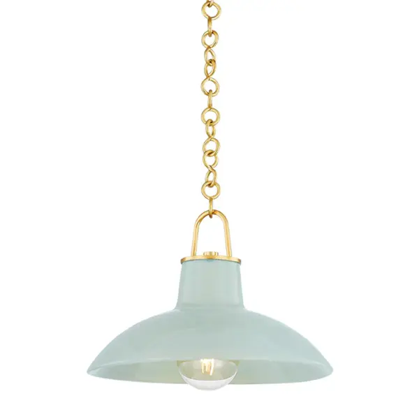 This single-light pendant combines aged brass metalwork with a unique ceramic moss crackle shade, creating an artisanal focal point. The handcrafted ceramic finish adds organic texture while the warm brass tones provide timeless appeal.