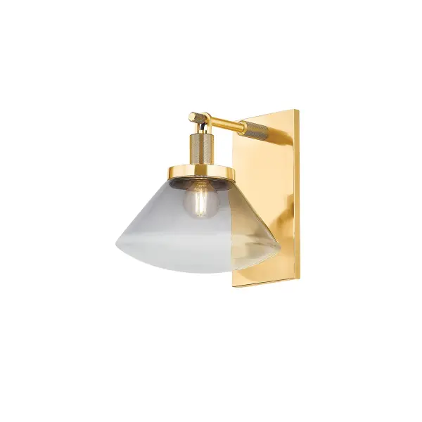 The Mendon sconce brings geometric sophistication to any space with its distinctive ombre smoke glass and aged brass finish. Its compact 8.5-inch profile makes it ideal for smaller walls while delivering visual impact through asymmetric design.