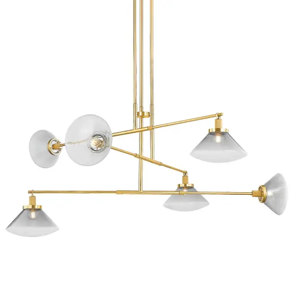 Mendon brings sophisticated architectural design to dining and living spaces with its asymmetrical composition and distinctive smoky gray glass. The geometric framework in warm Aged Brass creates visual interest while maintaining clean, modern lines.