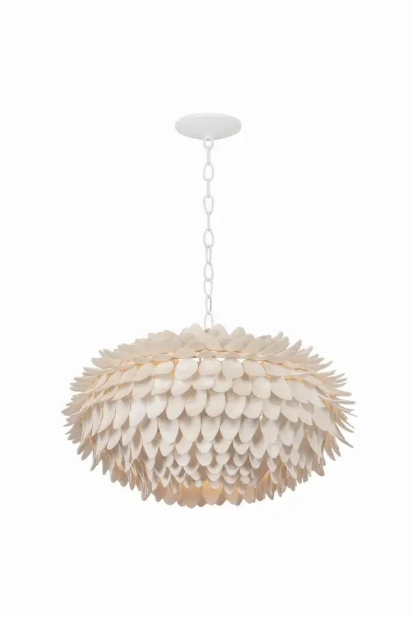 The Alsen pendant reimagines iconic artichoke design with natural coco shells, creating a layered, organic fixture perfect for coastal and transitional spaces. Each shell's unique texture adds warmth and visual interest.