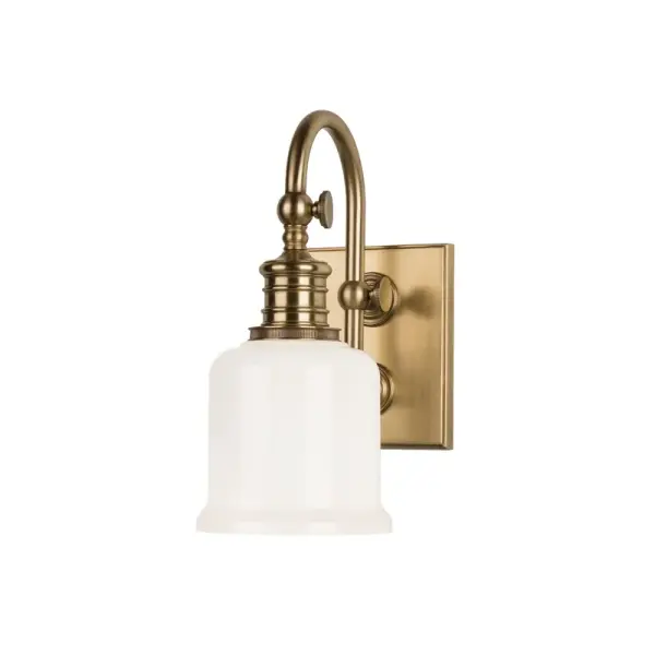 The Keswick bath bracket combines industrial gooseneck styling with traditional bell-shaped glass for a versatile vintage look. Double-mounted arm construction ensures durability, while cast swivels and knurled details add authentic period character.