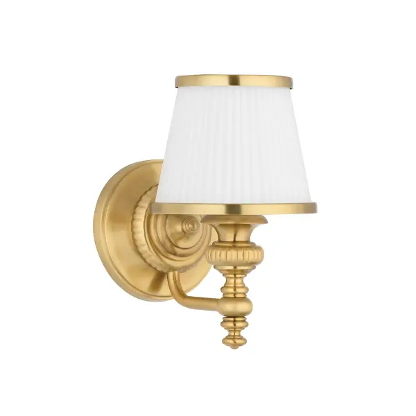 Milton brings 19th-century locomotive-inspired design to modern bathrooms with its circular decorative backplate and pleated opal glass shade. The Flemish Brass finish and tooled metal details add warmth and character to traditional and transitional spaces.
