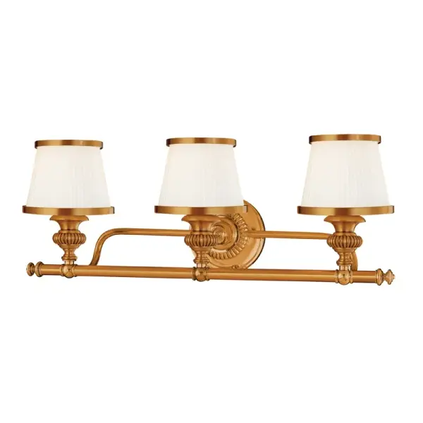 Milton brings 19th-century locomotive-inspired design to contemporary bathrooms with its distinctive circular backplate and pleated opal glass shades. The Flemish Brass finish adds warmth and character to traditional and transitional spaces.