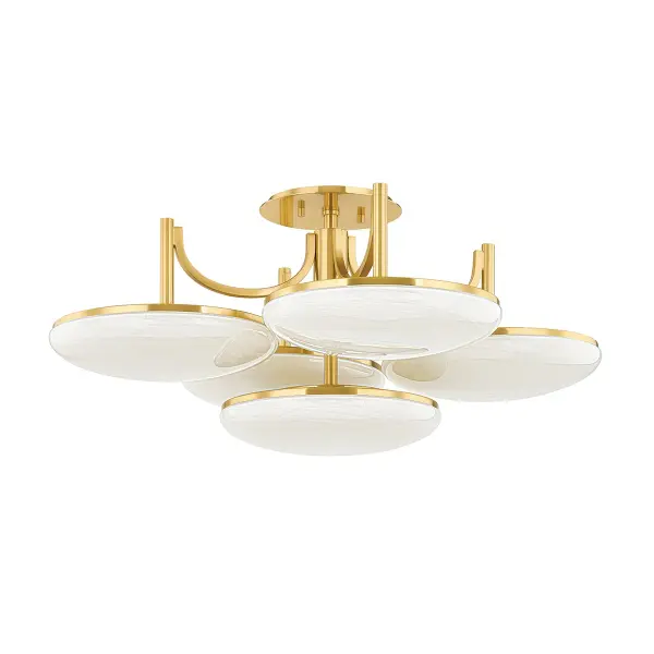The Bregman combines sleek disc-shaped cloud glass shades with graceful sweeping arms in warm Aged Brass. Its clustered design at varying heights creates visual interest while maintaining a slim profile perfect for lower ceilings.