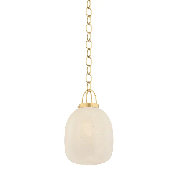 The Enosburg pendant combines soft organic form with distinctive cage-like metalwork in Aged Brass. Its cloud seedy glass shade creates visual interest with bubbled texture while the oblong shape adds sculptural appeal.