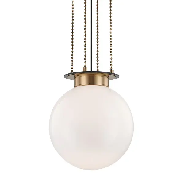 The Gunther pendant combines antique charm with clean, modern lines. Its 17-inch opal glass globe delivers soft, warm illumination while delicate ball chains and aged bronze metalwork add vintage character without overwhelming contemporary spaces.