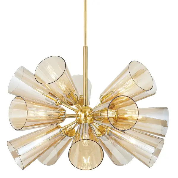 The Hartwood brings celebratory energy to mid-century design with 15 hand-blown fluted glass shades radiating outward in a classic sputnik silhouette. Light champagne plating on clear glass paired with aged brass metalwork creates an effervescent, sophisticated look that commands attention in large spaces.