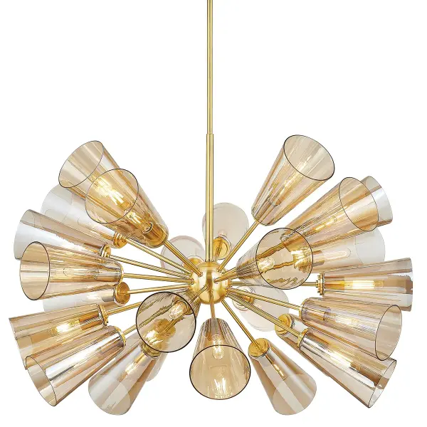 A show-stopping mid-century modern chandelier featuring 25 hand-blown fluted glass shades arranged in a classic sputnik silhouette. The champagne-plated glass paired with aged brass metalwork creates sophisticated visual impact.