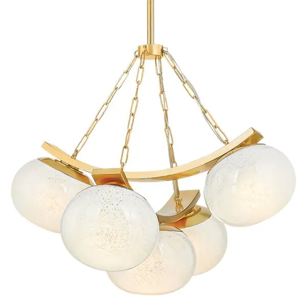 Duxbury masterfully balances industrial metal framework with soft, cloud-like seedy glass shades. The architectural design creates visual interest while the voluminous glass diffuses light beautifully, making it versatile for both contemporary and transitional spaces.