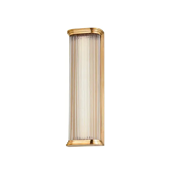 The Newburgh sconce reimagines the classic glass rod design with Art Deco elegance. Clear glass rods set within a stepped metal frame create visual interest while the integrated LED provides efficient, warm illumination.