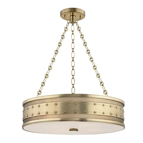 The Gaines chandelier combines classic proportions with contemporary clean lines. Its aged brass finish adds warmth while etched glass shades provide soft, diffused light. Perfect for spaces needing refined illumination.