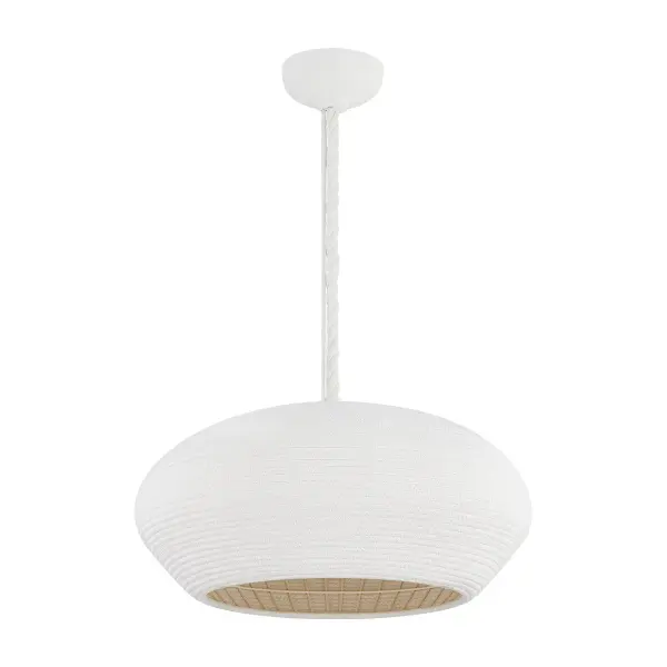 The Ferndale pendant brings artisanal craftsmanship to contemporary spaces with its handwoven white cotton cord construction. Light filters through the coiled texture, creating a soft, ambient glow that's both functional and sculptural.