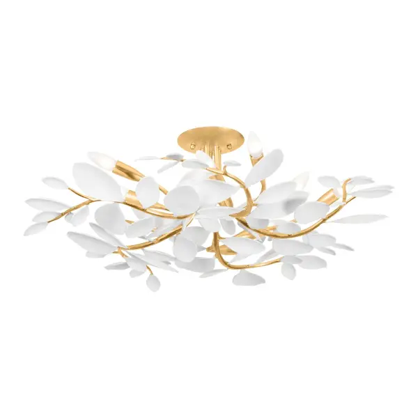This substantial semi-flush mount combines vintage gold leaf metalwork with white plaster shades for a sophisticated transitional aesthetic. The ten-light configuration provides excellent illumination for larger spaces while maintaining a refined ceiling profile.